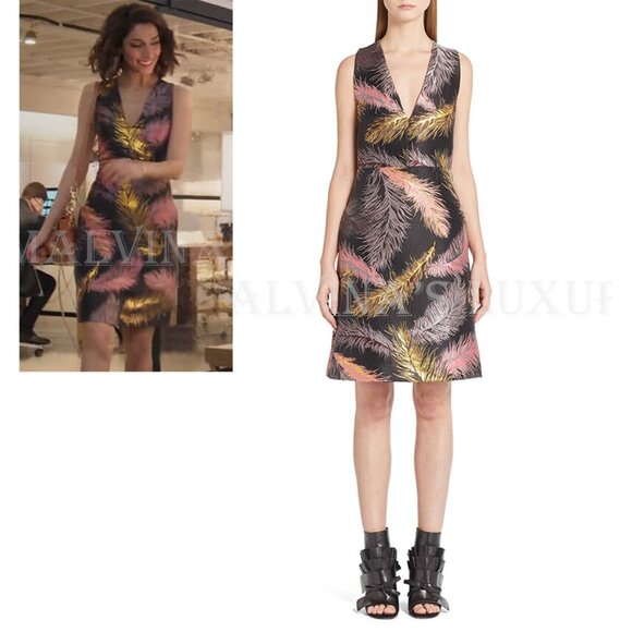 EMILIO PUCCI DRESS JACQUARD FEATHER PRINT V-NECK POCKETS